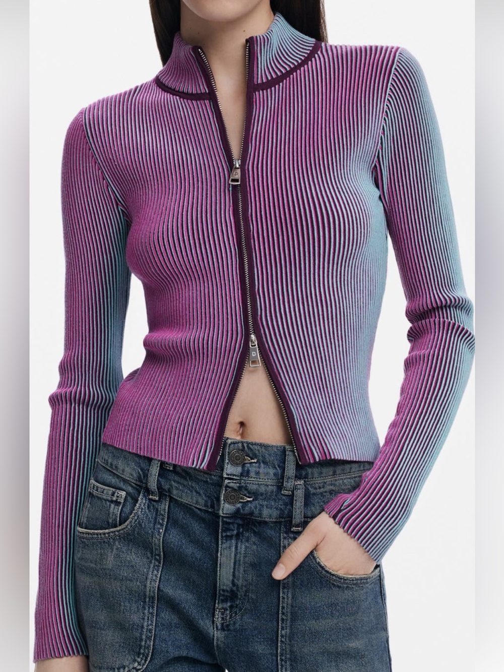 Desigual Ribbed Zip-Up Turtleneck Sweater in Purple and Teal